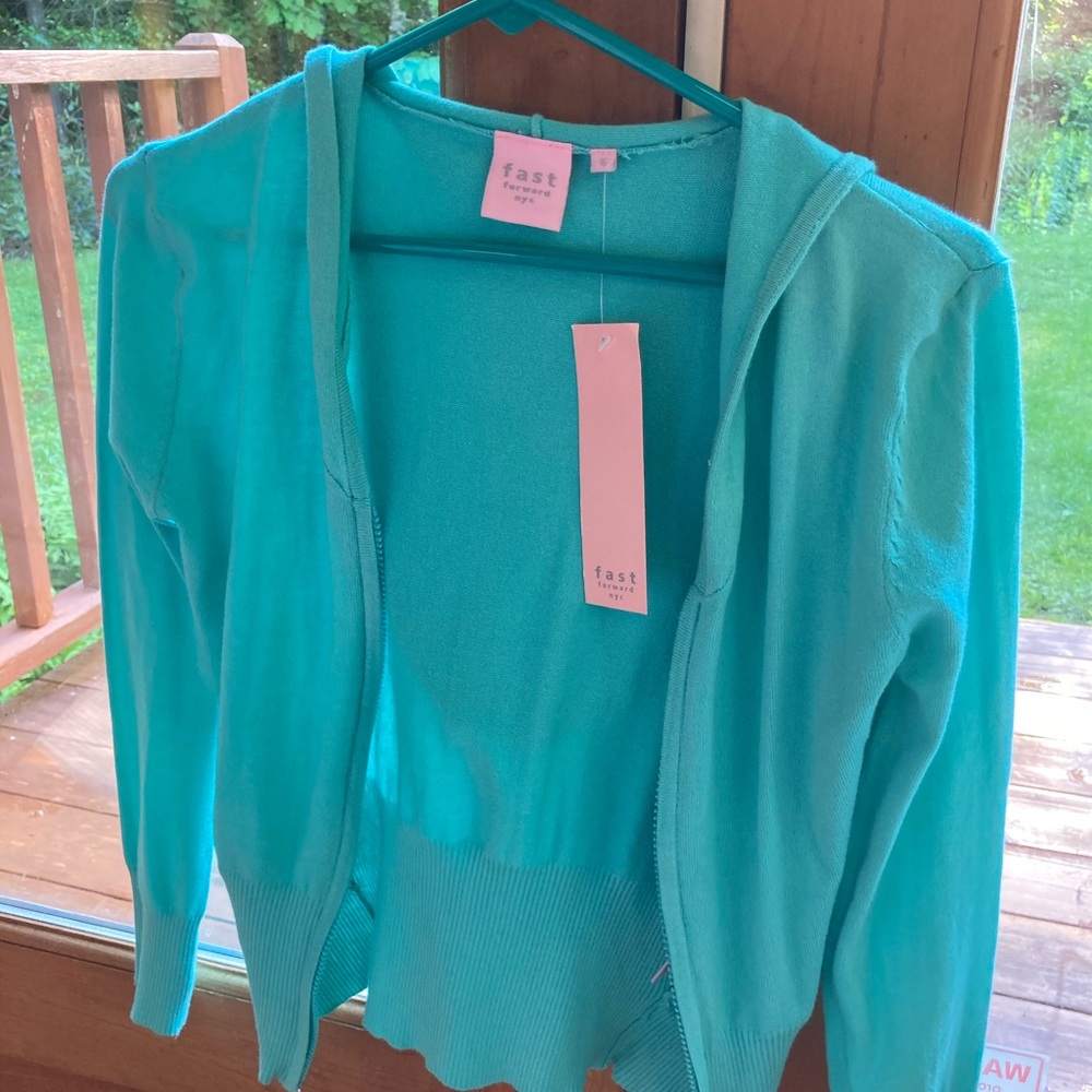 Fast Forward NYC Teal Hooded Zip Cardigan Sweater, girl’s 16 NWT